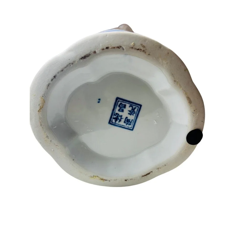 Blue and White Chinoiserie Monkey Porcelain Vase Scalloped Flared 6.5 Inch‎